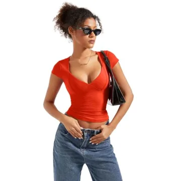 SUUKSESS Women Sexy Deep V Neck Short Sleeve Top