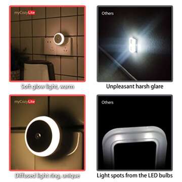 myCozyLite Plug-in Night Light, Low Light LED Nightlight with Light Sensor, Warm White, Energy Efficient, Round, Soft Glow, 4 Pack, for Indoor Use