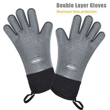 Auzilar Silicone Cooking Gloves, Grilling Gloves, Heat Resistant Gloves BBQ Kitchen Silicone Oven Mi...