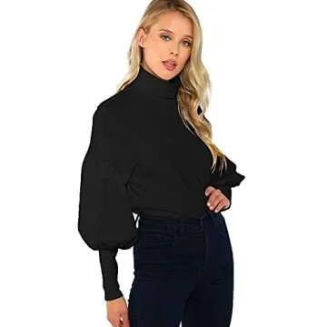 ROMWE Women's Casual High Neck Pullover Tops Long Sleeve Sweatshirt (X-Large, Black)