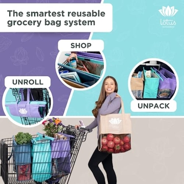 Lotus Trolley Bag - Reusable Shopping Bags (Set of 4), Grocery Bags with Insulated Cooler & Egg/Wine Holder, Foldable, Washable Grocery Cart Bags, Multi-use Tote Bags (Purple, Turquoise, Blue, Brown)