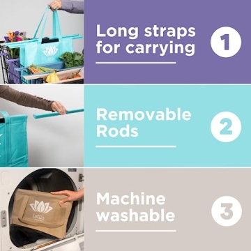 Lotus Trolley Bag - Reusable Shopping Bags (Set of 4), Grocery Bags with Insulated Cooler & Egg/Wine Holder, Foldable, Washable Grocery Cart Bags, Multi-use Tote Bags (Purple, Turquoise, Blue, Brown)