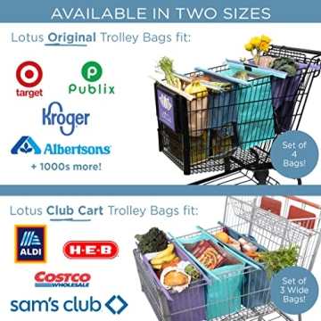 Lotus Trolley Bag - Reusable Shopping Bags (Set of 4), Grocery Bags with Insulated Cooler & Egg/Wine Holder, Foldable, Washable Grocery Cart Bags, Multi-use Tote Bags (Purple, Turquoise, Blue, Brown)