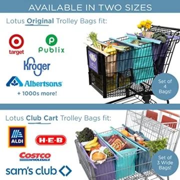 Lotus Trolley Bag - Reusable Shopping Bags (Set of 4), Grocery Bags with Insulated Cooler & Egg/Wine Holder, Foldable, Washable Grocery Cart Bags, Multi-use Tote Bags (Purple, Turquoise, Blue, Brown)
