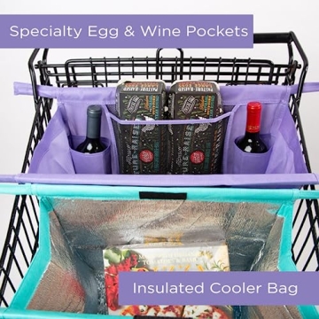 Lotus Trolley Bag - Reusable Shopping Bags (Set of 4), Grocery Bags with Insulated Cooler & Egg/Wine Holder, Foldable, Washable Grocery Cart Bags, Multi-use Tote Bags (Purple, Turquoise, Blue, Brown)