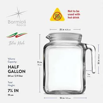 Bormioli Rocco Hermetic Seal Pitcher With Lid and Spout [68 Ounce] for Homemade Juice & Iced Tea or for Glass Milk Bottles, Clear