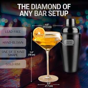 Lidy Diamond Martini Glasses Set of 2-11 oz Gold Rim Coupe Martini Glasses Hand Blown and Lead-Free ...