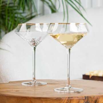 Lidy Diamond Martini Glasses Set of 2-11 oz Gold Rim Coupe Martini Glasses Hand Blown and Lead-Free - Unique Cocktail Glassware for Espresso, Margarita, Manhattan, Champagne - Valentine's Day Gift