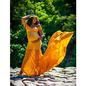 JustVH Maternity Off Shoulder Mermaid Chiffon Gown V Neck Maxi Photo Shoot Photography Dress for Baby Shower Photo Props Yellow