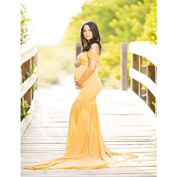 JustVH Maternity Off Shoulder Mermaid Chiffon Gown V Neck Maxi Photo Shoot Photography Dress for Baby Shower Photo Props Yellow