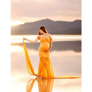 JustVH Maternity Off Shoulder Mermaid Chiffon Gown V Neck Maxi Photo Shoot Photography Dress for Baby Shower Photo Props Yellow