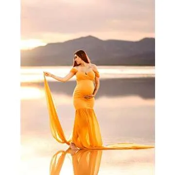 JustVH Maternity Off Shoulder Mermaid Chiffon Gown V Neck Maxi Photo Shoot Photography Dress for Baby Shower Photo Props Yellow