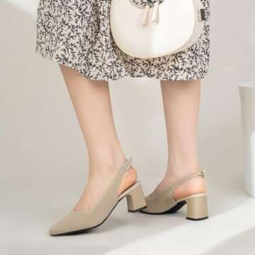 AHZEHRSE Chunky Heels for Women Closed Toe Slingback Heels Square Toe Comfortable Knit Block Heels Pumps Sexy Bridal Wedding Dressy Shoes Beige