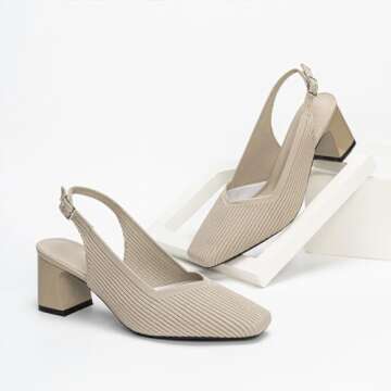 AHZEHRSE Chunky Heels for Women Closed Toe Slingback Heels Square Toe Comfortable Knit Block Heels Pumps Sexy Bridal Wedding Dressy Shoes Beige