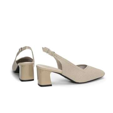 AHZEHRSE Chunky Heels for Women Closed Toe Slingback Heels Square Toe Comfortable Knit Block Heels Pumps Sexy Bridal Wedding Dressy Shoes Beige