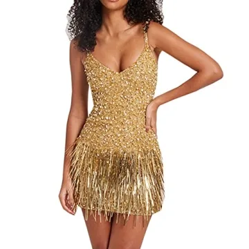Glkaend Women's Sequin Sparkly Glitter Mini Dress Sexy V Neck Spaghetti Strap Fringe Trim Cami Party...