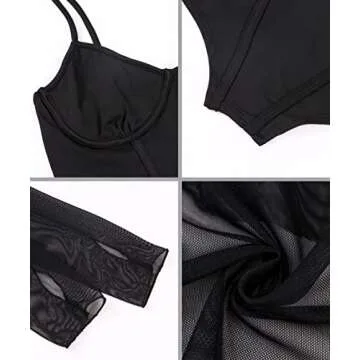 Meladyan Women's Sexy Long Sleeve Mesh Crop Top Solid Cover Up Spaghetti Strap Slim Fit Corset Cami 2 pieces Clubwear, Black, Medium