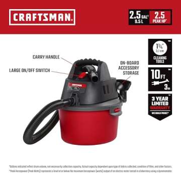 CRAFTSMAN CMXEVBE17250 2.5 Gallon 2.5 Peak HP Wet Dry Vac, Portable Shop Vacuum Wet and Dry with Fil...