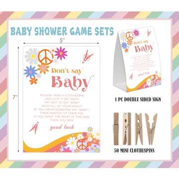 Retro Groovy Don't Say Baby Game for Baby Shower, Pack of One 5x7 Sign and 50 Mini Natural Clothespins, Boho Floral Daisy Baby Shower Decoration, Gender Neutral Party Supplies - SC07