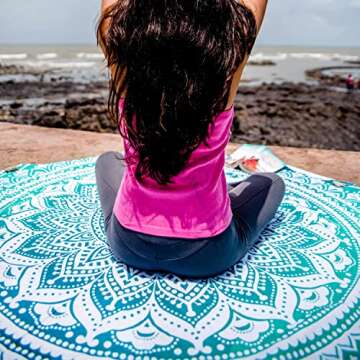 Folkulture Set of 2 Beach Blanket Mandala Tapestry Hippie Indian Round Picnic Table Cover Hippy Spread Boho Gypsy Cotton Tablecloth Beach Towel Meditation Rug Circle Yoga Mat-72 Inches, Yellow Green