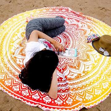 Folkulture Set of 2 Beach Blanket Mandala Tapestry Hippie Indian Round Picnic Table Cover Hippy Spread Boho Gypsy Cotton Tablecloth Beach Towel Meditation Rug Circle Yoga Mat-72 Inches, Yellow Green