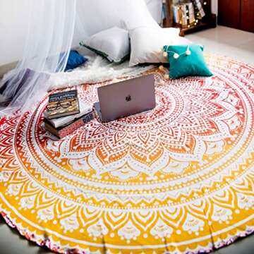 Folkulture Set of 2 Beach Blanket Mandala Tapestry Hippie Indian Round Picnic Table Cover Hippy Spread Boho Gypsy Cotton Tablecloth Beach Towel Meditation Rug Circle Yoga Mat-72 Inches, Yellow Green