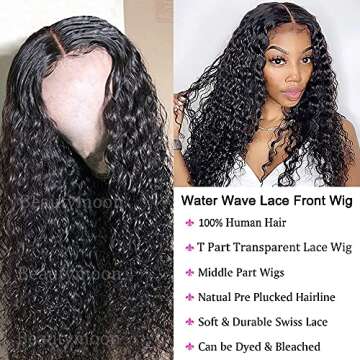 Glueless Lace Front Wigs Human Hair T part Natural Hairline Water Wave Frontal Wigs 9A Brazilian Hair Curly Lace Front Wigs Middle Parted Wet and Wavy Wig Transparent Lace Frontals(16inch,T-part)