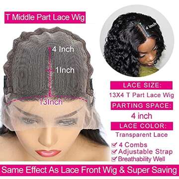 Glueless Lace Front Wigs Human Hair T part Natural Hairline Water Wave Frontal Wigs 9A Brazilian Hair Curly Lace Front Wigs Middle Parted Wet and Wavy Wig Transparent Lace Frontals(16inch,T-part)