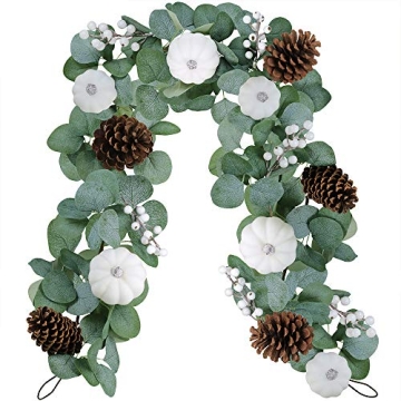 Winlyn White Pumpkin Garland Artificial Eucalyptus Garland with White Pumpkins Pinecones Berries Fal...