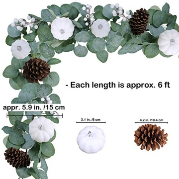 Winlyn White Pumpkin Garland Artificial Eucalyptus Garland with White Pumpkins Pinecones Berries Fall Foliage Garland for Wedding Arch Backdrop Thanksgiving Table Runner Farmhouse Décor 6' Long