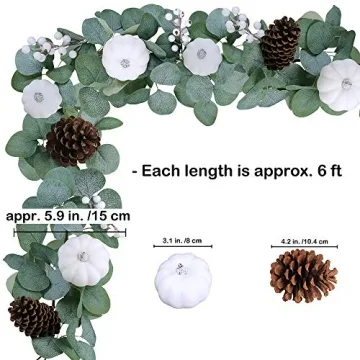 Winlyn White Pumpkin Garland Artificial Eucalyptus Garland with White Pumpkins Pinecones Berries Fall Foliage Garland for Wedding Arch Backdrop Thanksgiving Table Runner Farmhouse Décor 6' Long