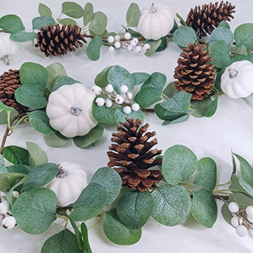 Winlyn White Pumpkin Garland Artificial Eucalyptus Garland with White Pumpkins Pinecones Berries Fall Foliage Garland for Wedding Arch Backdrop Thanksgiving Table Runner Farmhouse Décor 6' Long