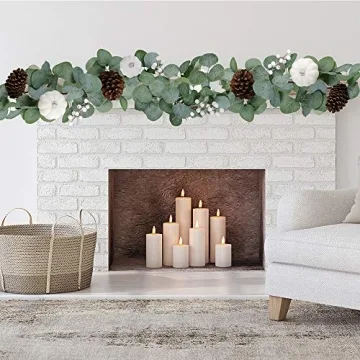 Winlyn White Pumpkin Garland Artificial Eucalyptus Garland with White Pumpkins Pinecones Berries Fall Foliage Garland for Wedding Arch Backdrop Thanksgiving Table Runner Farmhouse Décor 6' Long