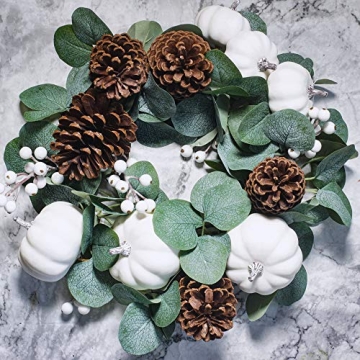 Winlyn White Pumpkin Garland Artificial Eucalyptus Garland with White Pumpkins Pinecones Berries Fall Foliage Garland for Wedding Arch Backdrop Thanksgiving Table Runner Farmhouse Décor 6' Long