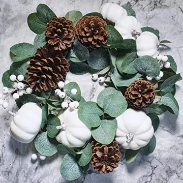 Winlyn White Pumpkin Garland Artificial Eucalyptus Garland with White Pumpkins Pinecones Berries Fall Foliage Garland for Wedding Arch Backdrop Thanksgiving Table Runner Farmhouse Décor 6' Long