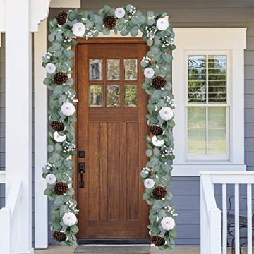 Winlyn White Pumpkin Garland Artificial Eucalyptus Garland with White Pumpkins Pinecones Berries Fall Foliage Garland for Wedding Arch Backdrop Thanksgiving Table Runner Farmhouse Décor 6' Long