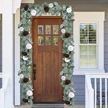 Winlyn White Pumpkin Garland Artificial Eucalyptus Garland with White Pumpkins Pinecones Berries Fall Foliage Garland for Wedding Arch Backdrop Thanksgiving Table Runner Farmhouse Décor 6' Long