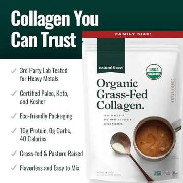Natural Force Organic Clean Collagen Peptides Powder - USDA Certified Organic & Non-GMO, Keto & Paleo Certified - Hydrolyzed Type I & III Protein Powder with Essential Amino Acids – Unflavored, 32oz