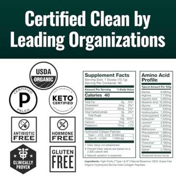 Natural Force Organic Clean Collagen Peptides Powder - USDA Certified Organic & Non-GMO, Keto & Paleo Certified - Hydrolyzed Type I & III Protein Powder with Essential Amino Acids – Unflavored, 32oz