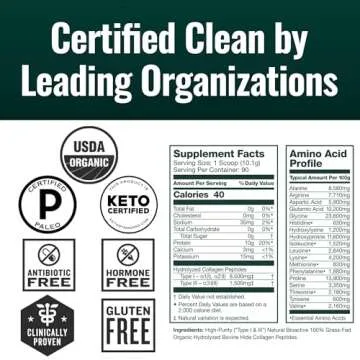 Natural Force Organic Clean Collagen Peptides Powder - USDA Certified Organic & Non-GMO, Keto & Paleo Certified - Hydrolyzed Type I & III Protein Powder with Essential Amino Acids – Unflavored, 32oz