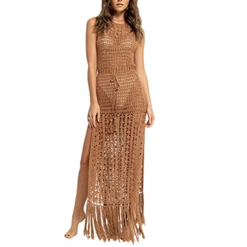 NZNDSHD Women See Through Sleeveless Swimwear Sexy Crochet Dress Fringe Hem Cover Up Summer Long Maxi Beach Dress (Khaki, S)