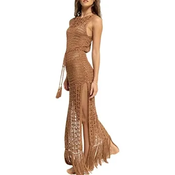 NZNDSHD Women See Through Sleeveless Swimwear Sexy Crochet Dress Fringe Hem Cover Up Summer Long Maxi Beach Dress (Khaki, S)