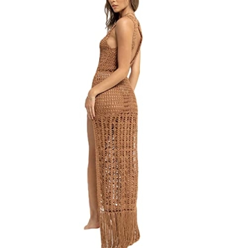 NZNDSHD Women See Through Sleeveless Swimwear Sexy Crochet Dress Fringe Hem Cover Up Summer Long Maxi Beach Dress (Khaki, S)