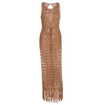 NZNDSHD Women See Through Sleeveless Swimwear Sexy Crochet Dress Fringe Hem Cover Up Summer Long Maxi Beach Dress (Khaki, S)