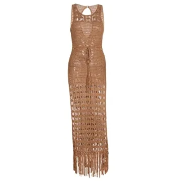 NZNDSHD Women See Through Sleeveless Swimwear Sexy Crochet Dress Fringe Hem Cover Up Summer Long Maxi Beach Dress (Khaki, S)