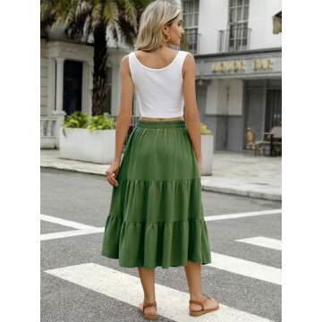 Lyrur Long Skirts for Women Trendy Summer Boho Elastic High Waist Pleated A-Line Flowy Ruffle Tiered Beach Skirt (M,9193-Army Green)