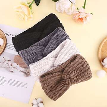 TecUnite 4 Pieces Chunky Knit Headbands Braided Winter Headbands Ear Warmers Crochet Head Wraps for Women(Chic Colors)