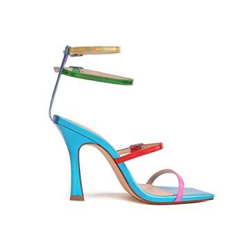 Vivianly Women's Square Toe Strappy Heels Sandal in Blue