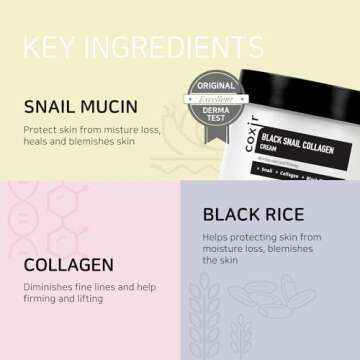 coxir BLACK SNAIL COLLAGEN CREAM l Snail Mucin, Collagen, Black Rice, Peptide l Moisturizing, Firmin...