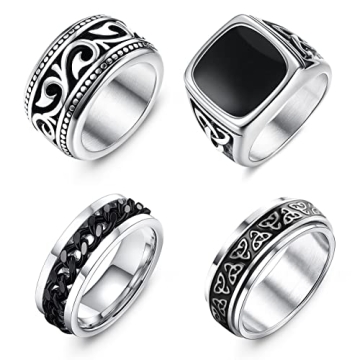 FUNRUN JEWELRY 4Pcs Stainless Steel Vintage Biker Rings for Men Gold Silver Signet Chain Spinner Rin...